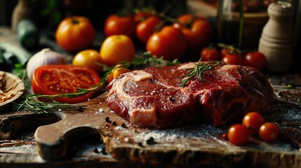 Poster - Freshly cut piece of meat on a wooden cutting board. Suitable for culinary and food-related projects