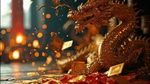 Dragons Gold, Chinese New Year With Red Envelopes. Generative AI.