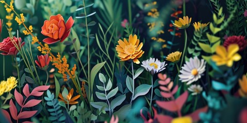 Poster - A bunch of flowers placed on the grass. Perfect for nature-themed designs or springtime illustrations