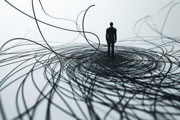 Poster - A man standing on top of a spiral of wires. This image can be used to represent concepts such as risk-taking, overcoming obstacles, or reaching new heights