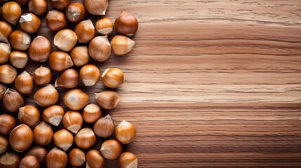 Poster - Generative AI : hazelnuts spilled on light wood table
