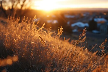 Poster - A beautiful sunset scene with the sun setting over a field of grass. Perfect for nature enthusiasts and landscape lovers