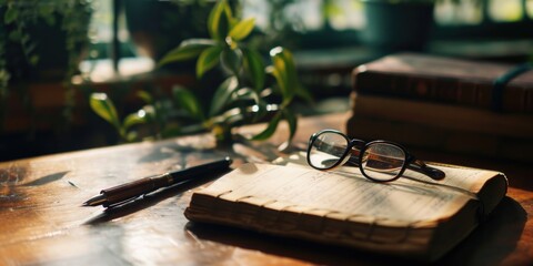 Aufkleber - A pair of glasses resting on top of an open book. Ideal for educational and intellectual concepts