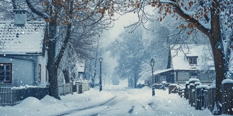 Poster - A snowy street in a residential area. Perfect for winter-themed designs and holiday promotions