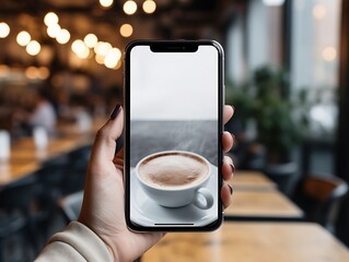 Aufkleber - Generative AI : Close-up image of a woman sitting in the cafe and using her smartphone