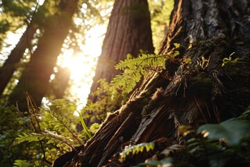 Poster - Sunlight streaming through the trees in a forest. Ideal for nature-themed designs and backgrounds