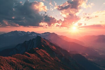 Canvas Print - A picturesque view of the sun setting over a beautiful mountain range. Perfect for travel websites or nature-themed projects