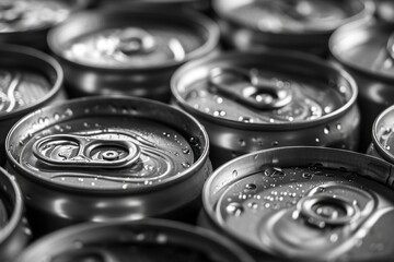 Poster - A close up view of a bunch of soda cans. Perfect for advertising, product packaging, or beverage industry concepts