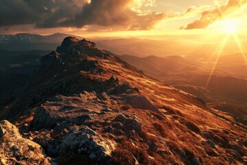Poster - The sun is setting over a picturesque mountain range. Perfect for nature and landscape enthusiasts.