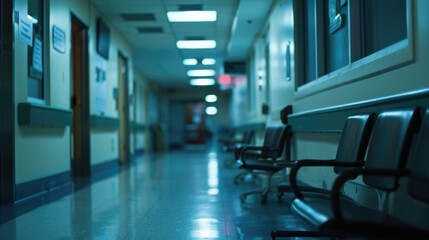 Poster - A row of empty benches in a hospital hallway. Can be used to depict waiting, solitude, or the calm before the storm. Suitable for medical and healthcare themes