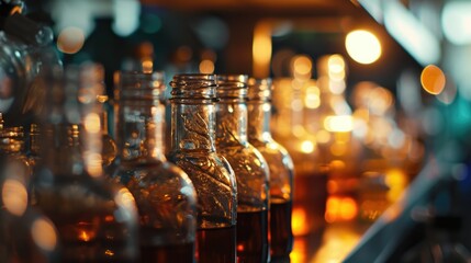 Poster - A row of empty bottles sitting on top of a bar counter. Suitable for bar scenes or illustrating alcohol consumption.