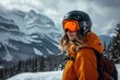 © Fotograf - A woman is pictured wearing a helmet and goggles in the snow. This image can be used for winter sports or outdoor activities