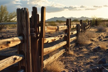Poster - A wooden fence standing in the middle of a dirt field. Suitable for various outdoor and rural concepts