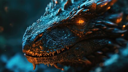 Poster - Close up of a dragon's head with glowing eyes. Perfect for fantasy or mythical themed designs