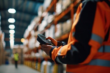 Aufkleber - A man wearing an orange vest holding a cell phone. Versatile image suitable for business, technology, and communication concepts