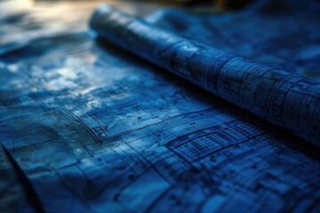 Poster - A rolled up piece of blue paper is placed on a table. This image can be used for various purposes