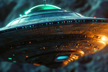 Poster - A detailed view of a spaceship in flight against the backdrop of the sky. Ideal for science fiction enthusiasts and futuristic concepts