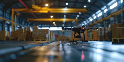 Poster - A drone is sitting on the floor of a warehouse. This image can be used to illustrate the use of drones in industrial settings
