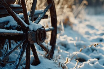 Poster - A detailed view of a wheel covered in snow. This image can be used to depict winter, transportation, or outdoor activities