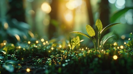 Aufkleber - A plant sprouting in the middle of a forest. Can be used to represent growth and resilience in nature