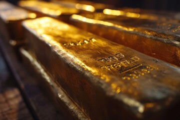 Poster - A pile of gold bars neatly arranged on top of each other. Ideal for financial and investment concepts
