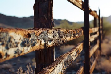 Fototapete - A rusted fence in the desert with majestic mountains in the background. Perfect for capturing the rugged beauty of the desert landscape.