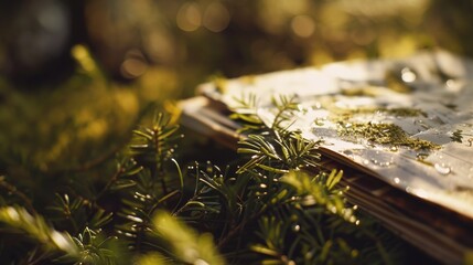 Poster - An old book sitting on top of a lush green field. Suitable for educational, nature, or literature-related projects