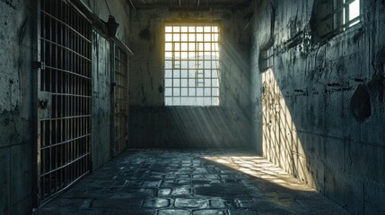 Poster - A picture of a jail cell with a window and bars. Can be used to depict incarceration, prison life, or the justice system