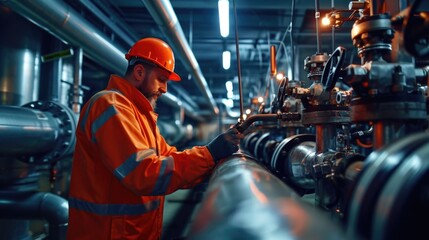Poster - A man wearing an orange jacket is seen working on a pipe