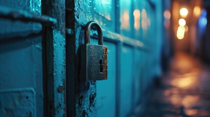 Poster - A detailed close-up of a lock on a door. Perfect for illustrating security, protection, or home safety concepts