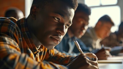 Poster - A man sitting at a table, holding a pen. Suitable for business, education, or creative concepts