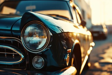 Poster - A close-up view of a car's headlight shining brightly on a city street. This image can be used to represent urban life, transportation, or nighttime driving