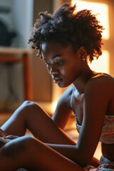 Poster - A woman sitting on a bed, focused on her cell phone. Perfect for illustrating technology use or digital communication.
