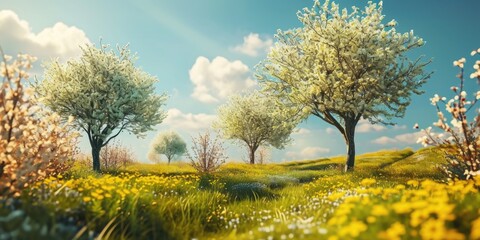 Poster - Three trees standing tall in a grassy field, surrounded by vibrant yellow flowers. Perfect for nature or landscape themes.