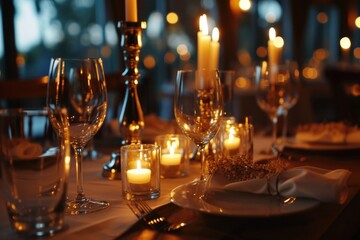 Poster - A beautifully arranged table set with candles and wine glasses. Perfect for romantic dinners or special occasions