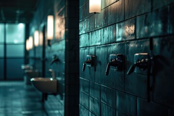 Sticker - A row of sinks in a public restroom. Suitable for commercial use in advertisements, articles, or blog posts about hygiene, public facilities, or interior design