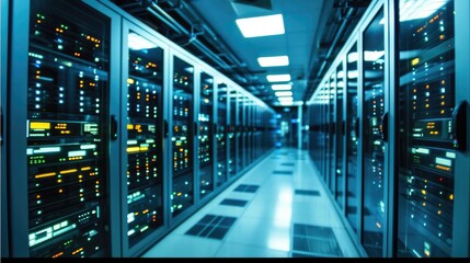 Leinwandbilder - Network server room with fiber optic cables connected to switch technology, Rackmount LED console in server room data center. Generative AI.