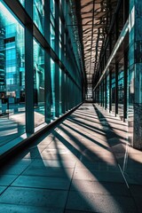 Poster - A long hallway with multiple windows, providing ample natural light. Suitable for architectural and interior design concepts