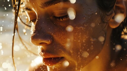 Poster - A close up of a woman's face immersed in water. Suitable for various creative projects and concepts