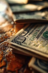 Poster - A pile of money sitting on top of a wooden table. Suitable for financial concepts and business themes