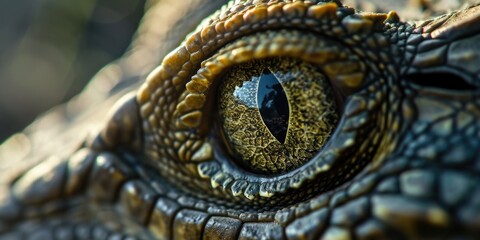 Wall Mural - A close up of a crocodile's eye. Can be used to depict the intricate details of reptiles or to create a sense of danger and intensity in various designs or projects