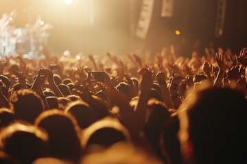 Poster - A vibrant crowd of people at a concert, enthusiastically raising their hands in the air. Perfect for capturing the energy and excitement of live music events.
