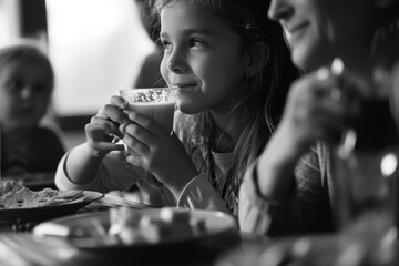 Poster - A young girl sitting at a table, holding a cup of coffee. Perfect for illustrating cozy moments and family time