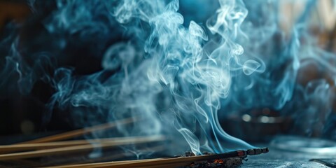 Wall Mural - Incense sticks and smoke captured in a close-up shot. Can be used to depict relaxation, meditation, or spirituality