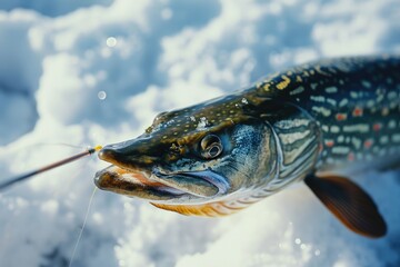 Aufkleber - A detailed view of a fish covered in snow. Perfect for winter-themed designs or articles about adaptation in nature