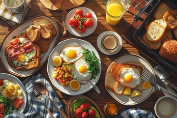 Poster - A wooden table with a variety of delicious food dishes. Perfect for showcasing mouthwatering meals or for promoting a restaurant or catering service