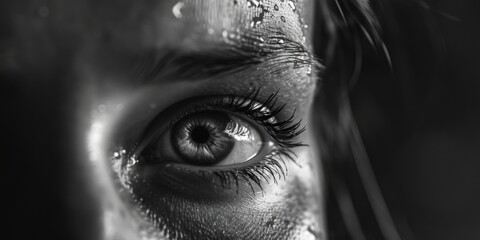 Poster - A close-up view of a person's eye with water droplets on it. This image can be used to convey emotions, such as sadness, or to represent concepts like purity or clarity