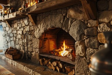 Poster - A picture of a stone fireplace with a roaring fire. Perfect for cozy and warm home decor or winter-themed projects