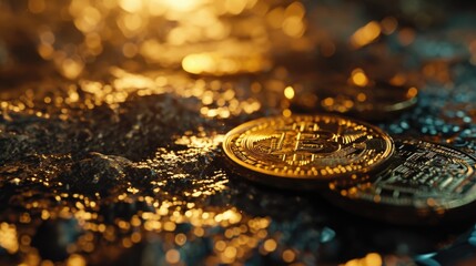 Poster - A close-up view of a bitcoin cryptocurrency on a table. This image can be used to illustrate finance, digital currency, or technology-related articles and websites
