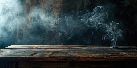 Poster - A wooden table with smoke rising out of it. Perfect for illustrating the concept of a fire or a cooking scene